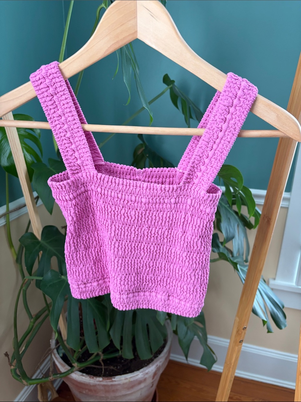 Nikibiki Hot Pink Smocked Square-Neck Crop Tank Top